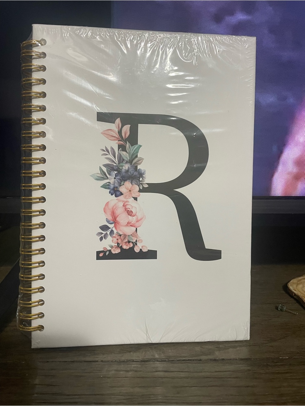 Monogram 'R' Floral Spiral Notebook Journal - White with Pink Accents